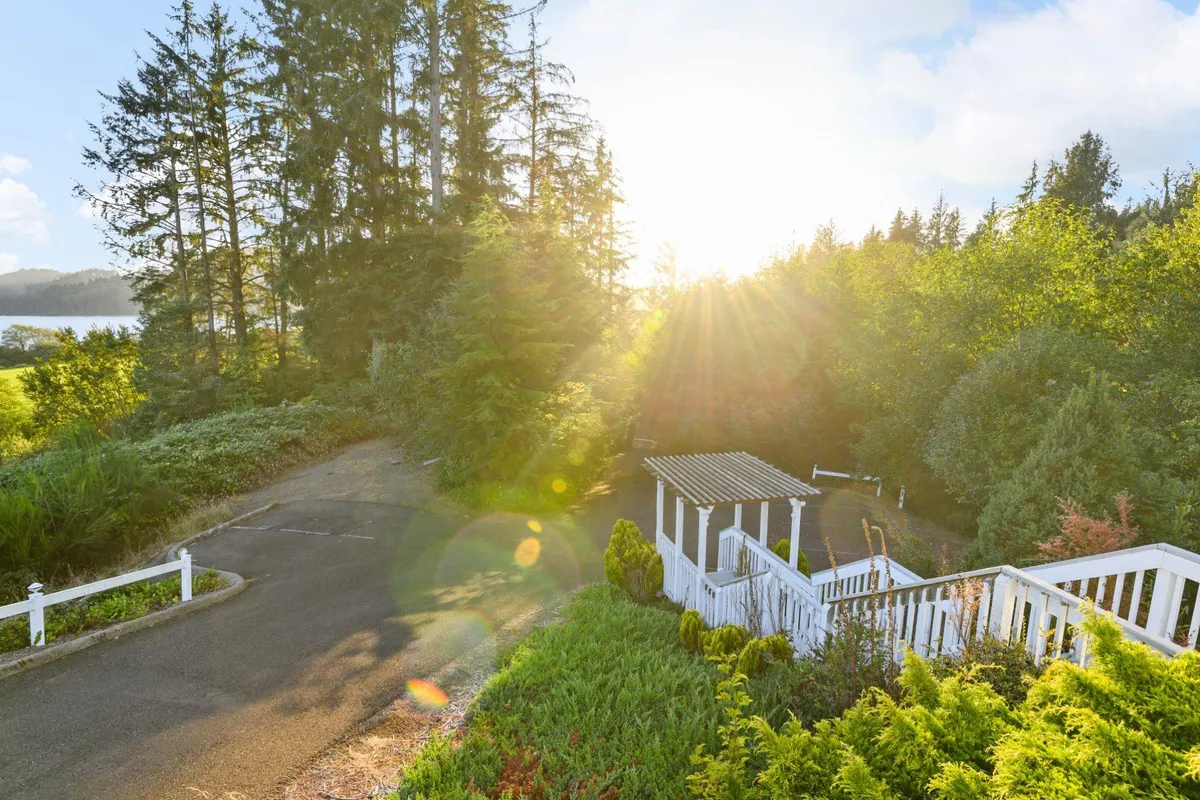 The exterior of The Swell House with a serene driveway, sunlight streaming through tall trees, a white railing, and an inviting pergola. The calm outdoor atmosphere hints at peaceful mornings and opportunities for outdoor meals or relaxing conversations.