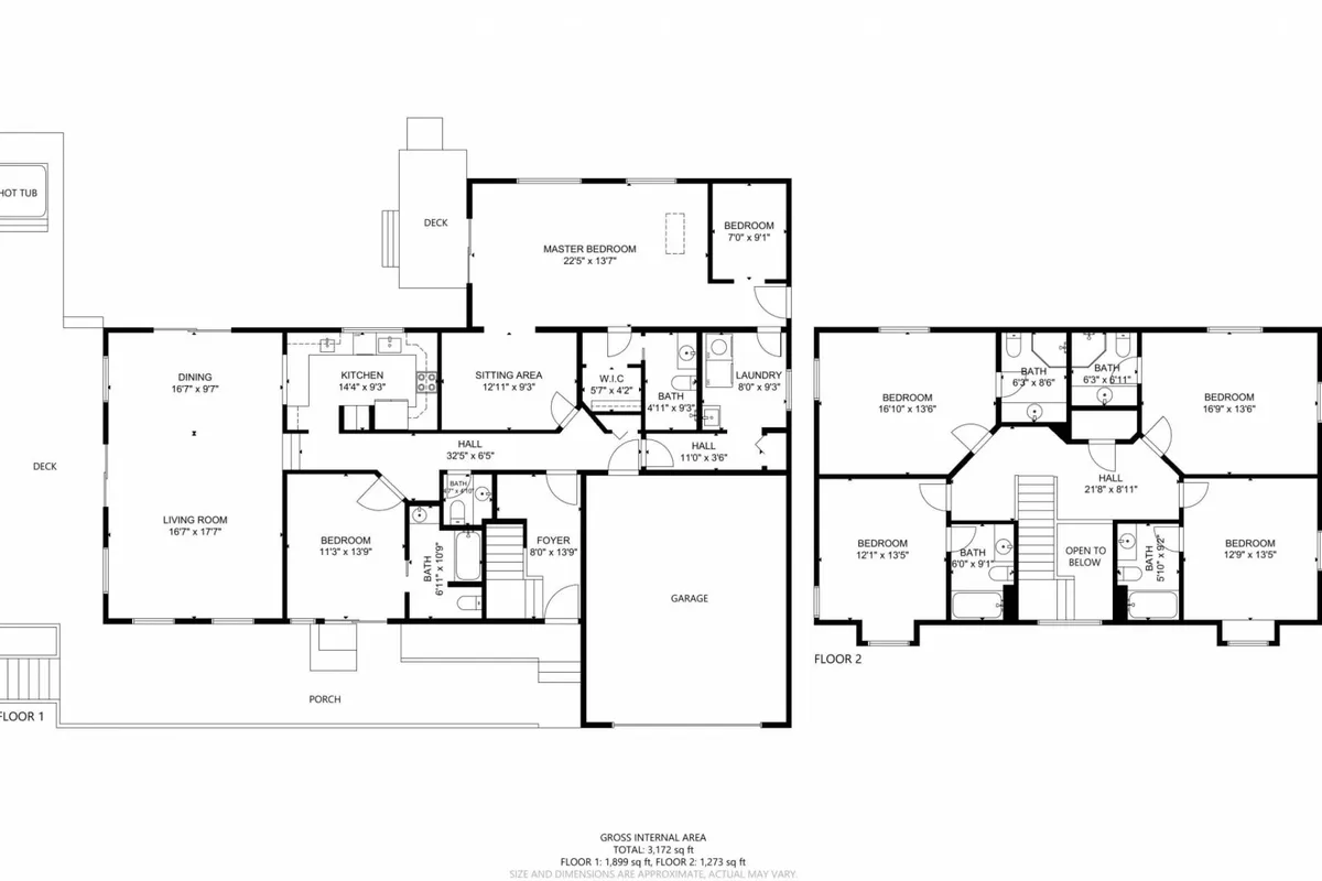 A spacious open-concept interior view showing the master bedroom, kitchen, living room, deck, and porch. The arrangement reflects communal spaces ideal for game nights, family meals, and relaxed gatherings.